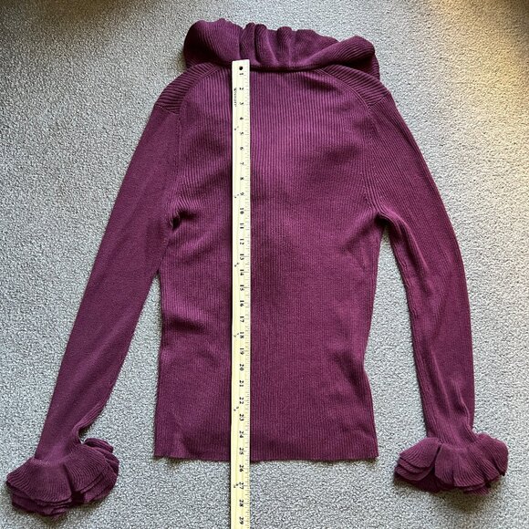 Trina Turk Ribbed Ruffle Trim V-Neck Wine Pullover Cotton Blend Sweater - Picture 7 of 11